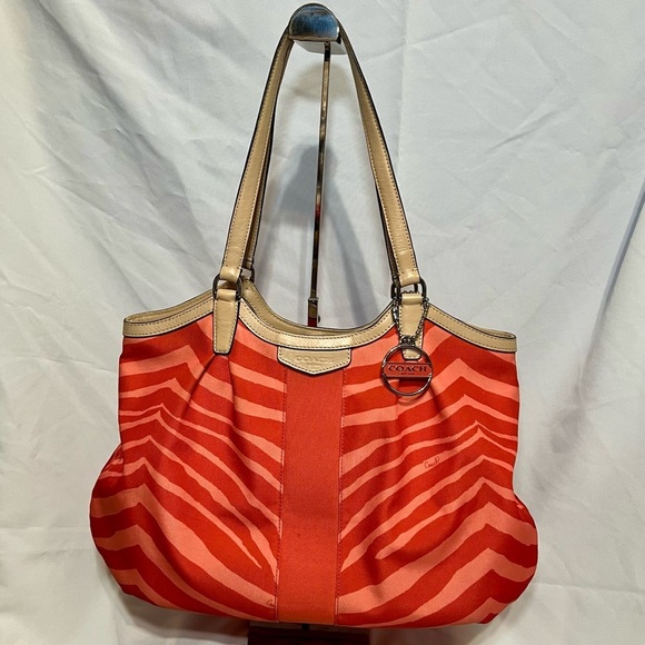 Coach Handbags - COACH Devin Signature Orange Zebra Print Large Shoulder Bag #F24022